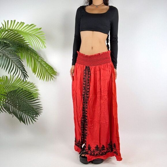 Vintage Red Vampy Whimsygoth Low Rise Floral Bohemian Hippie Maxi Skirt / 1X - Picture 3 of 6